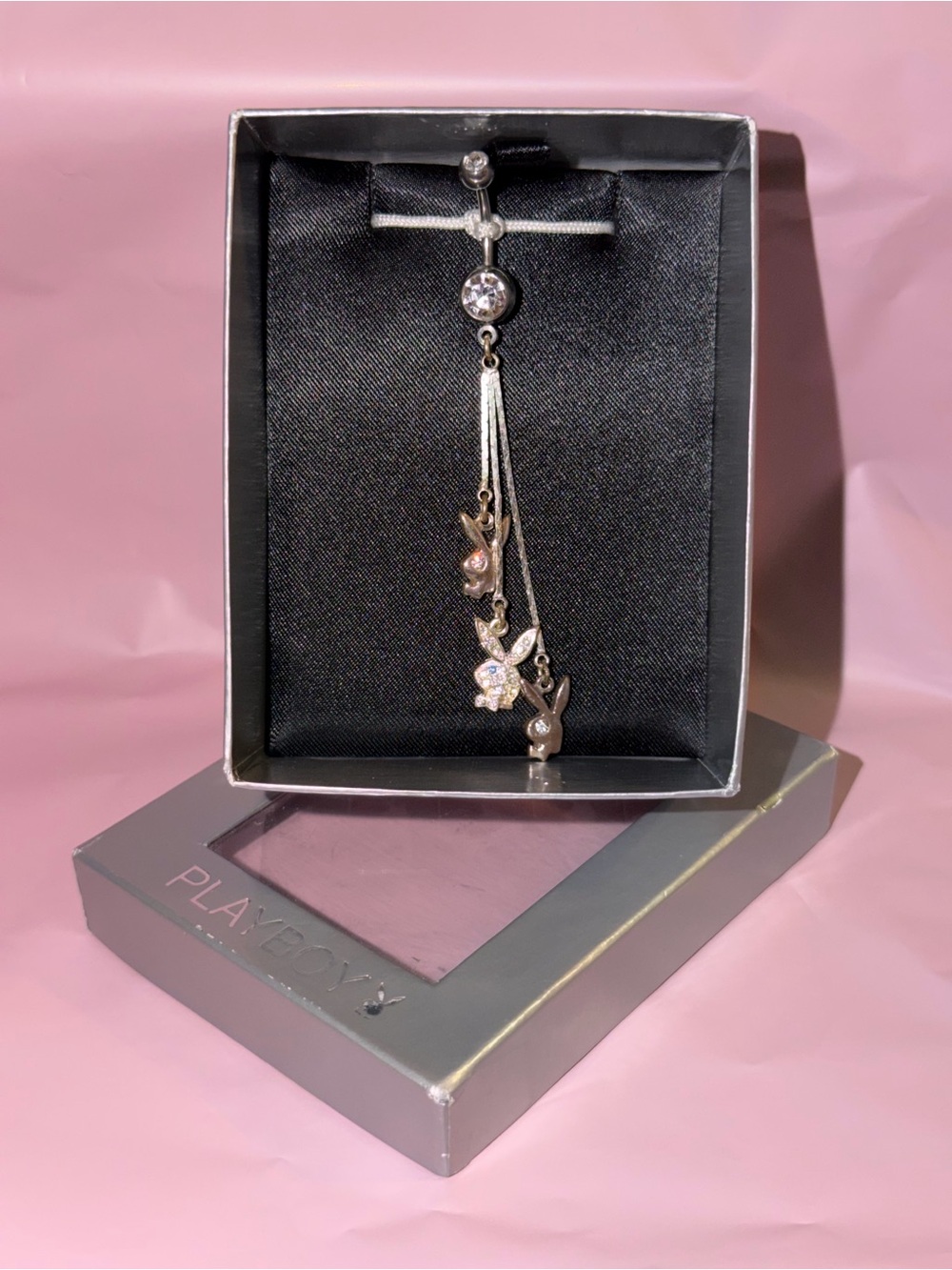 Playboy belly ring w/ cascading chains adorned with small bunny charms Vintage